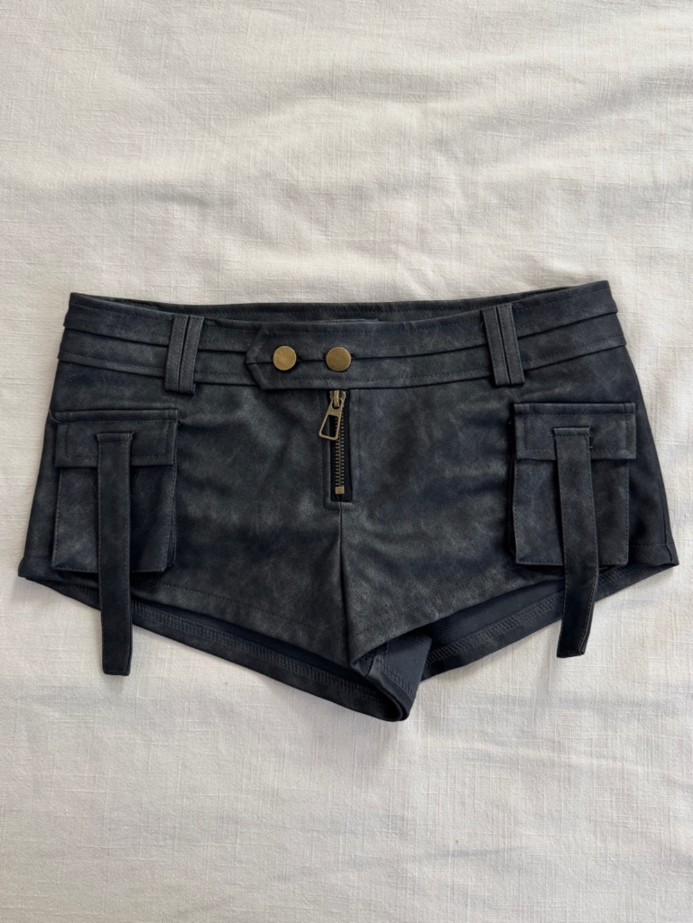Edikted Washed Faux Leather Micro Cargo Shorts - Washed Black, Size Small